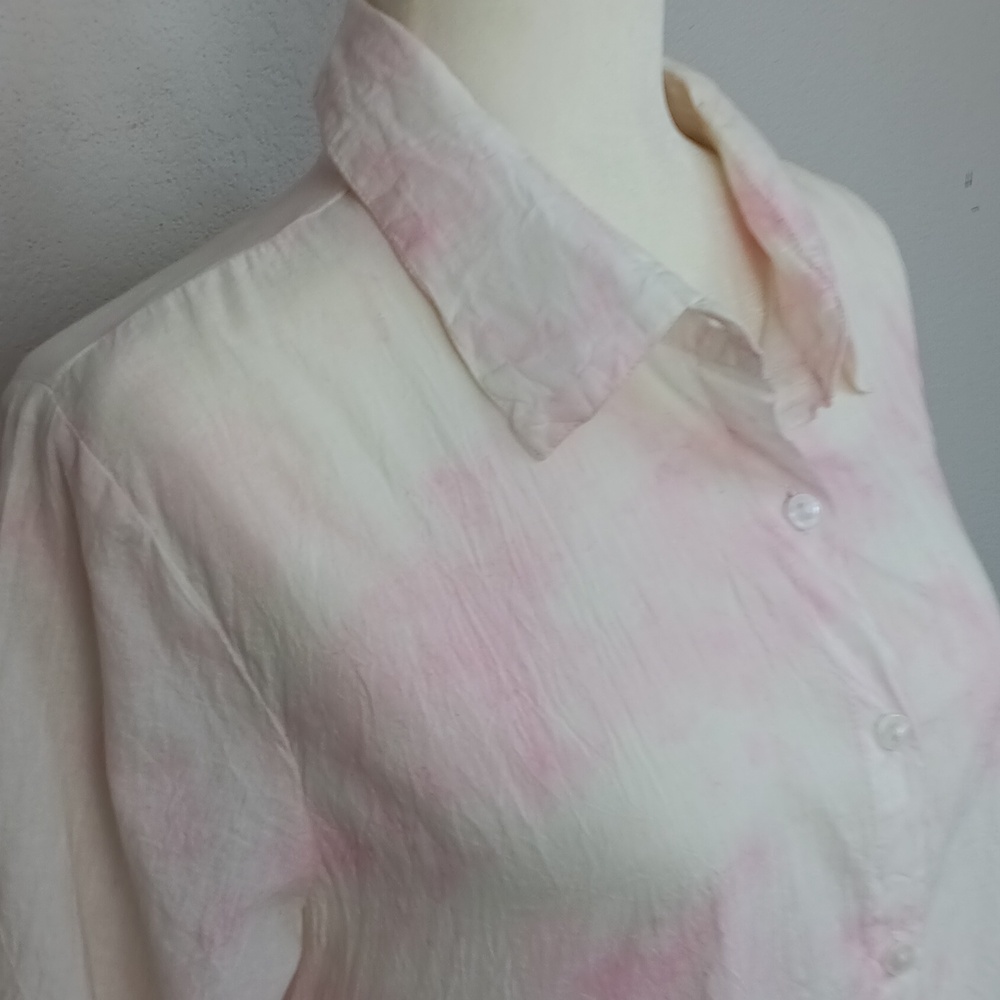 Women's Pink / White High Low Button Down Long Sleeve Flowy Top Sz L Coquette - Picture 5 of 14